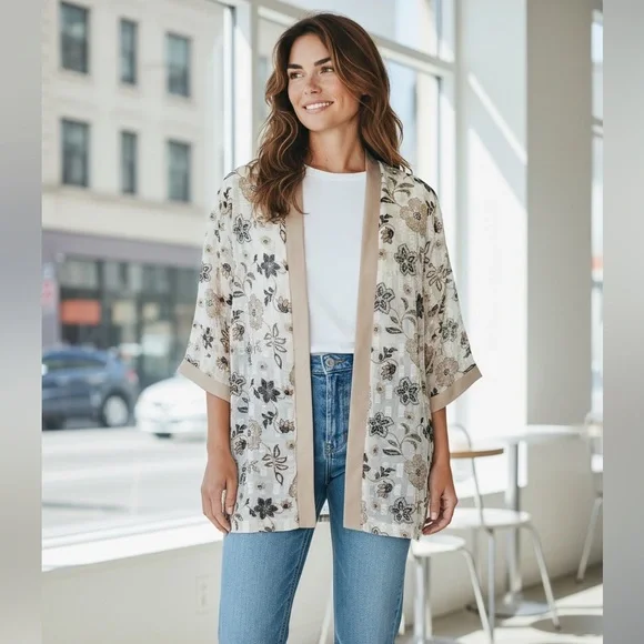 Bonworth Floral Print Semi Sheer Open Front Kimono - Picture 1 of 6